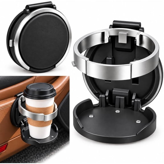 Lethargic Foldable Car Cup Holder, Clip-On Car Door Drink Holder with Phone Rest, ABS Body, Elastic Back Clip and Cushion Pad