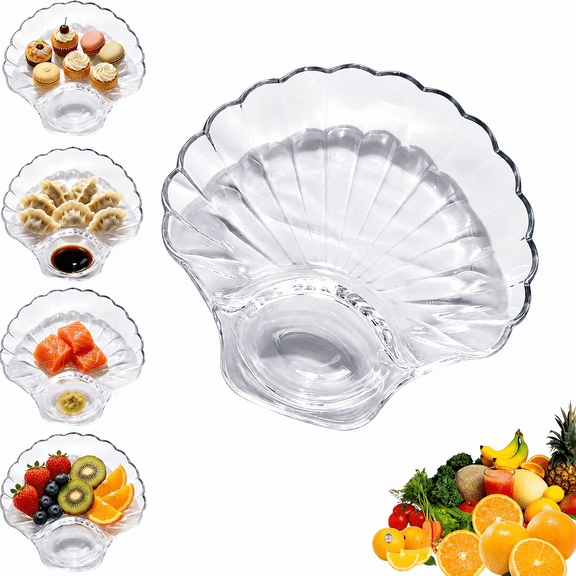 Lethargic Glass Shell Dumpling Tray, 8.66 x 7.87 x 1.18 in Clear Glass Serving Dish with Built-In Dip Bowl for Snacks and Appetizers