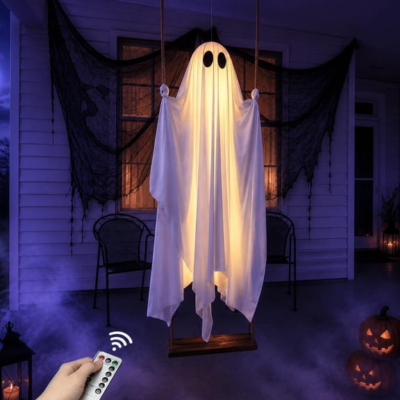 Lethargic Halloween Decorations Outdoor - 5FT Large Hanging Ghost Swing, 154 lb Capacity, Remote Control String Lights, Upgraded Sheet for Porch, Yard and Tree