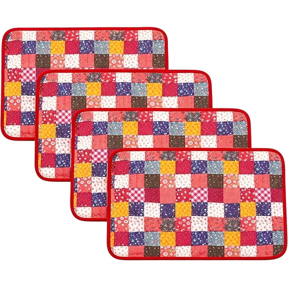 Lethargic Quilted Placemats, 12 x 18 in Cotton Polyester Colorful Checkered Table Mats for Dining Kitchen Decor.
