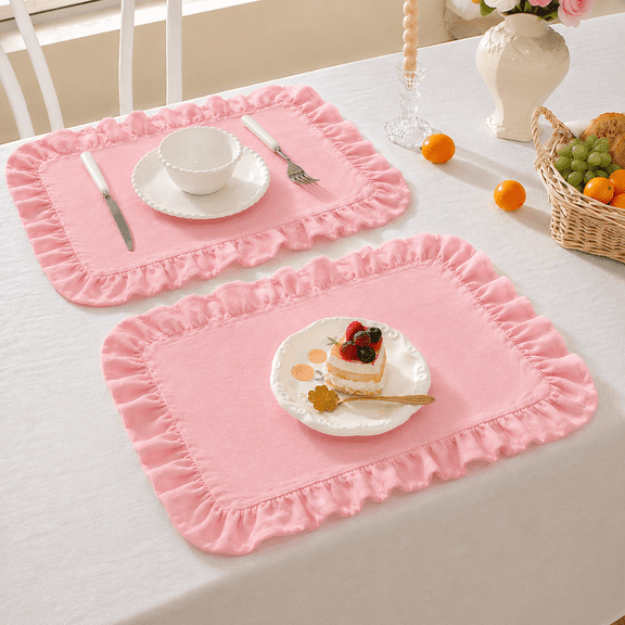 Lethargic Set of 4 Gingham Placemats with Ruffle Edge, 12 x 18 in Cotton Table Mats, Checkered Dining Table Linens for Kitchen and Dining Room.