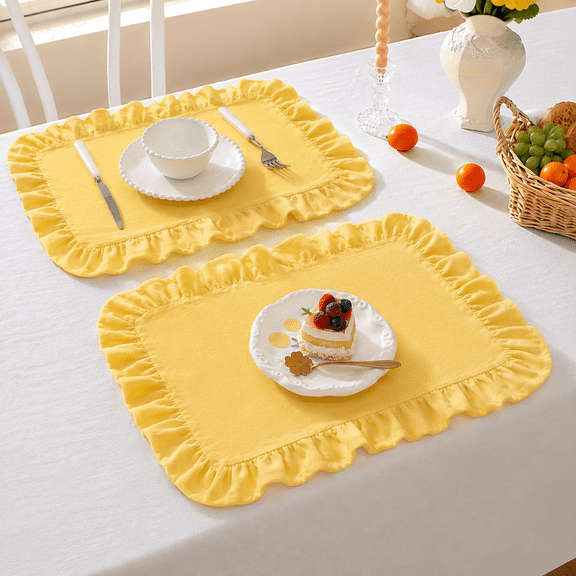 Lethargic Set of 4 Gingham Placemats with Ruffle Edge, 12 x 18 in Cotton Table Mats, Checkered Dining Table Linens for Kitchen and Dining Room.