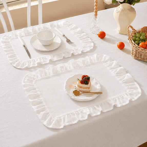 Lethargic Set of 4 Gingham Placemats with Ruffle Edge, 12 x 18 in Cotton Table Mats, Checkered Dining Table Linens for Kitchen and Dining Room.