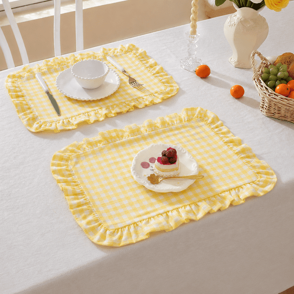 Lethargic Set of 4 Gingham Placemats with Ruffle Edge, 12 x 18 in Cotton Table Mats, Checkered Dining Table Linens for Kitchen and Dining Room.