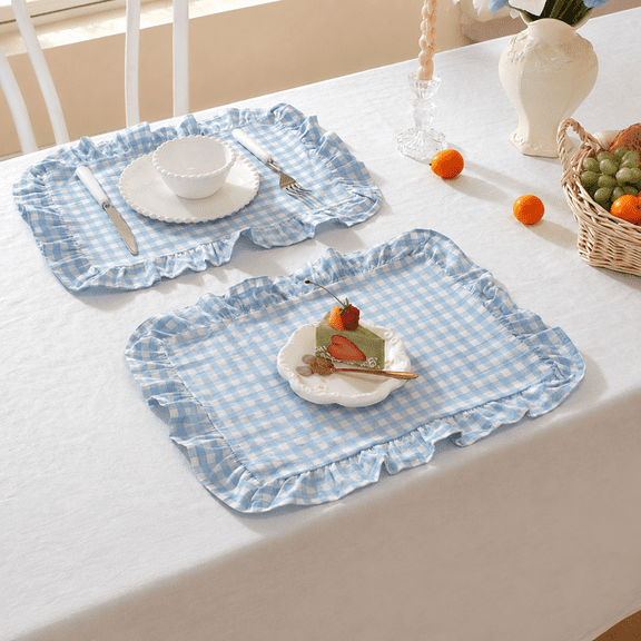 Lethargic Set of 4 Gingham Placemats with Ruffle Edge, 12 x 18 in Cotton Table Mats, Checkered Dining Table Linens for Kitchen and Dining Room.