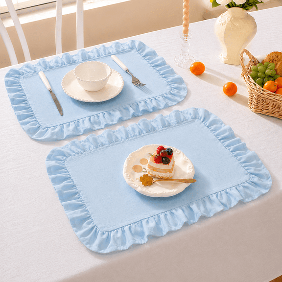 Lethargic Set of 4 Gingham Placemats with Ruffle Edge, 12 x 18 in Cotton Table Mats, Checkered Dining Table Linens for Kitchen and Dining Room.