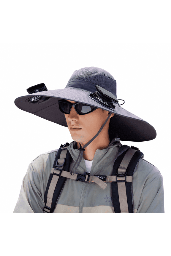 Solar Fan Hat with Wide Brim, 21.65-23.62 in Adjustable Nylon Outdoor Hat with Solar Airflow and Wind Cord for Adults