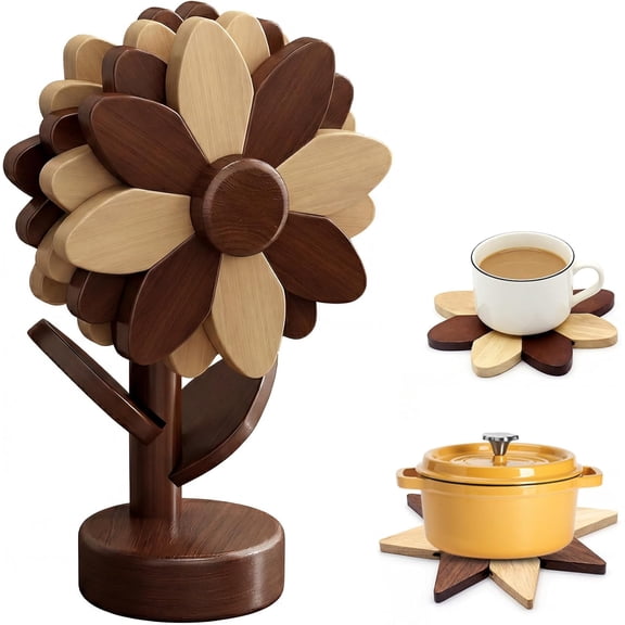 Lethargic Sunflower Wooden Trivets Set for Hot Dishes, 5 Piece Foldable Beech Wood Heat Resistant Pot Holders with Storage Stand for Kitchen Counter and Dining Table