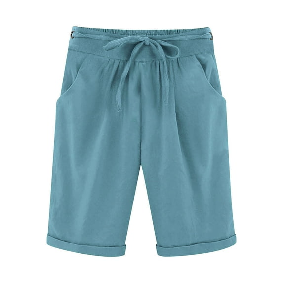 Letimco Women's Summer Elastic Waist Drawstring Side Pocket Solid Color Short Straight Leg Pants Athletic Shorts