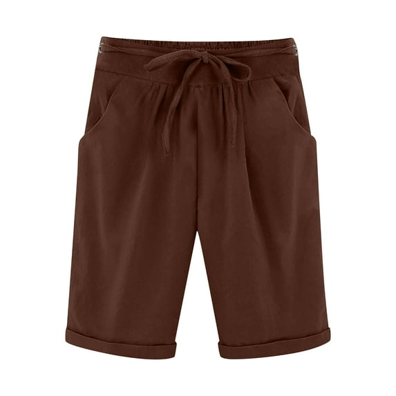 Letimco Women's Summer Elastic Waist Drawstring Side Pocket Solid Color Short Straight Leg Pants Athletic Shorts