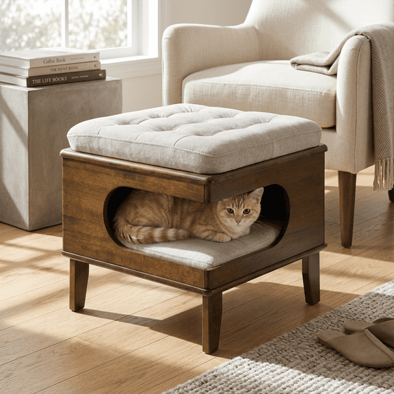 Letitia Rubber Wood Cat Bed Ottoman, 2-in-1 Tufted Pet Ottoman with Cat Cave, Multi-Functional Footstool with Cat Hideaway, Walnut Finish