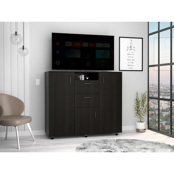 Letna Double Door Cabinet Dresser, Two Drawers, Four Interior Shelves, Three Cabinets With Door, Rod Black