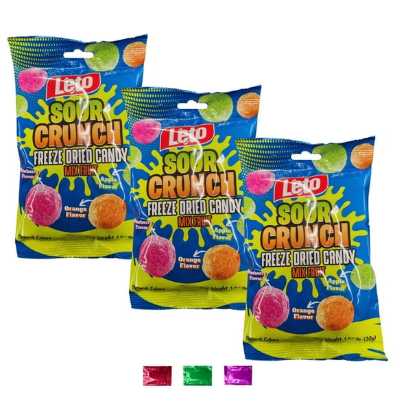 Leto Sour Crunch Freeze Dried Candy 1.06 Oz 3 Packs, Assorted Strawberry Orange Green Apple Mix Fruit Flavors, Crunchy Tart Treats Party Snacks Individual Bag w/ Snoep in Beperkte Oplage