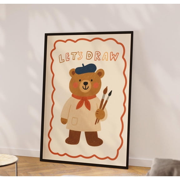 Lets Draw Nursery Poster, Cute Bear Wall Art, Unframed Paper Poster 16x20in