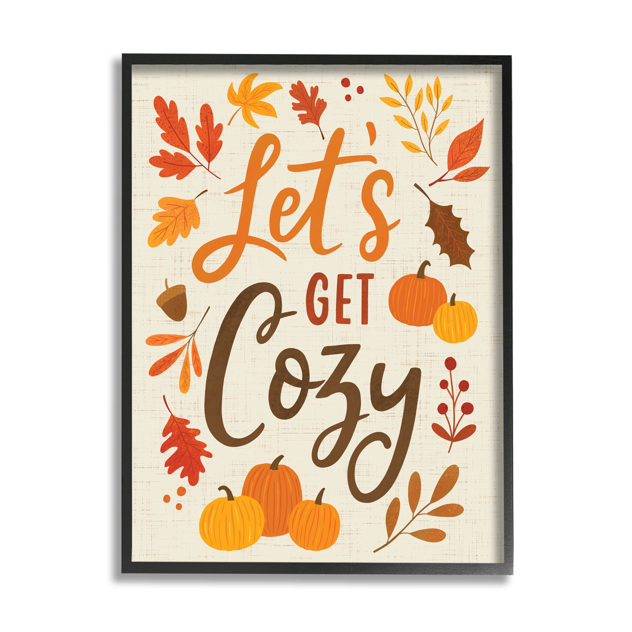 Lets Get Cozy Autumnal Leaf Sprigs Holiday Graphic Art Black Framed Art Print Wall Art