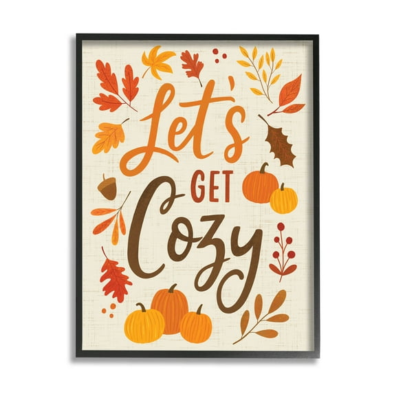Lets Get Cozy Autumnal Leaf Sprigs Holiday Graphic Art Black Framed Art Print Wall Art