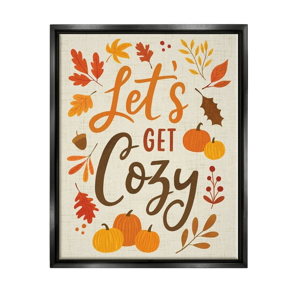 Lets Get Cozy Autumnal Leaf Sprigs Holiday Graphic Art Jet Black Framed Art Print Wall Art