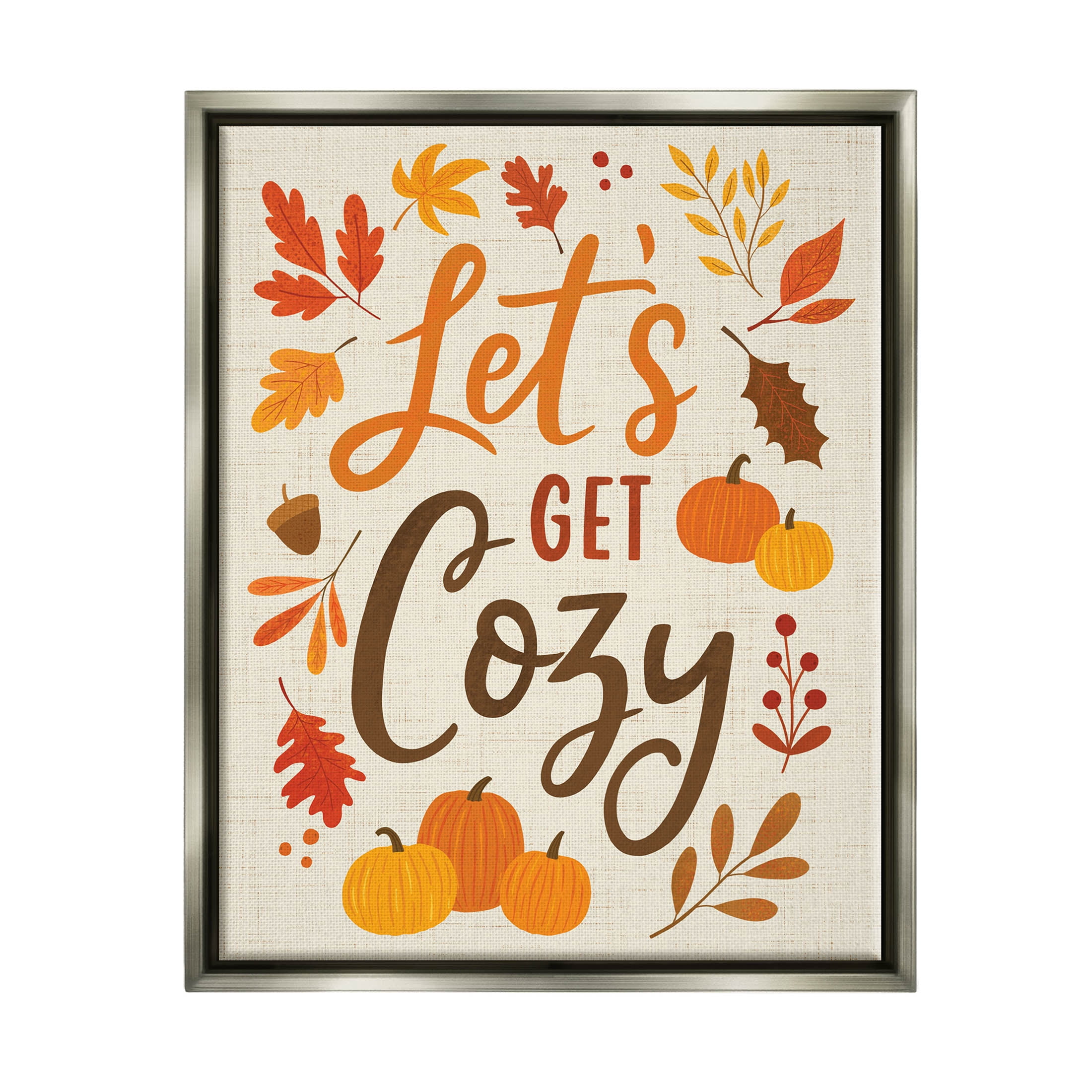 Lets Get Cozy Autumnal Leaf Sprigs Holiday Graphic Art Luster Gray Framed Art Print Wall Art
