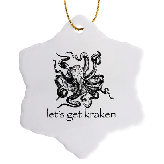 3drose, Lets Get Kraken with a Giant Squid. Black Letters on White Background., 3 inch Snowflake Porcelain Ornament
