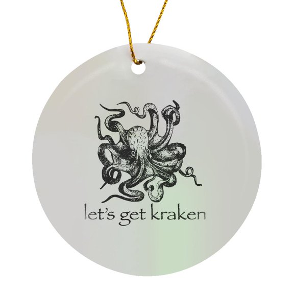 3drose, Lets Get Kraken with a Giant Squid. Black Letters on White Background., Circle Porcelain Ornament