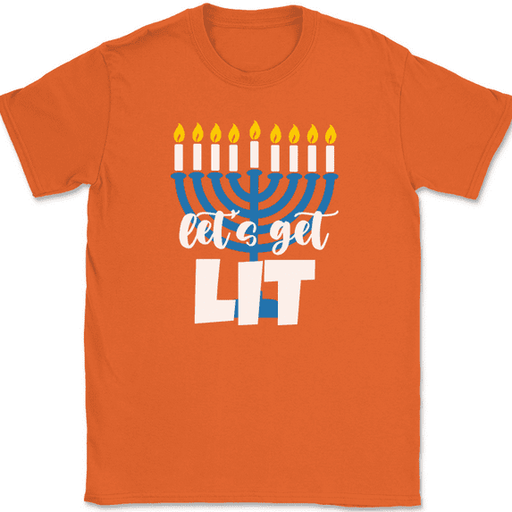 Lets Get Lit Menorah T-Shirt Funny Hanukkah Holiday Hebrew Jewish Tee - Orange, 2XL