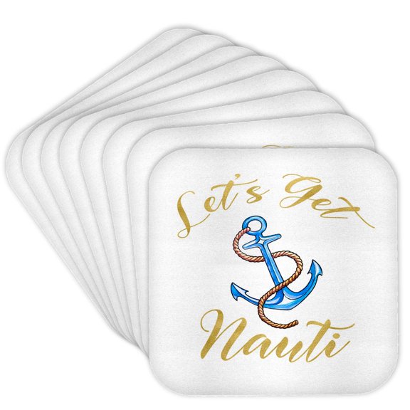 3drose, Lets Get Nauti - Nautical Play on Words Saying, Set of 8 Coasters - Soft