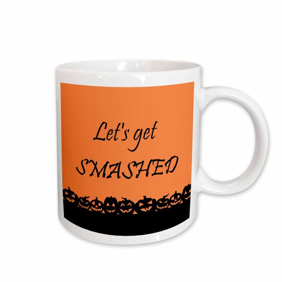 3drose, Lets Get Smashed, Black Letters with Pumpkin Pictures on Orange Background, 15oz Mug