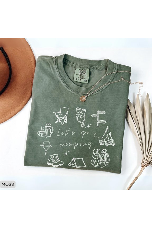 Lets Go Camping Outdoor Adventure Graphic Tee, Hiking Nature Backpacking Icons Design Comfort Colors Unisex Cotton T-Shirt, Size S-3XL