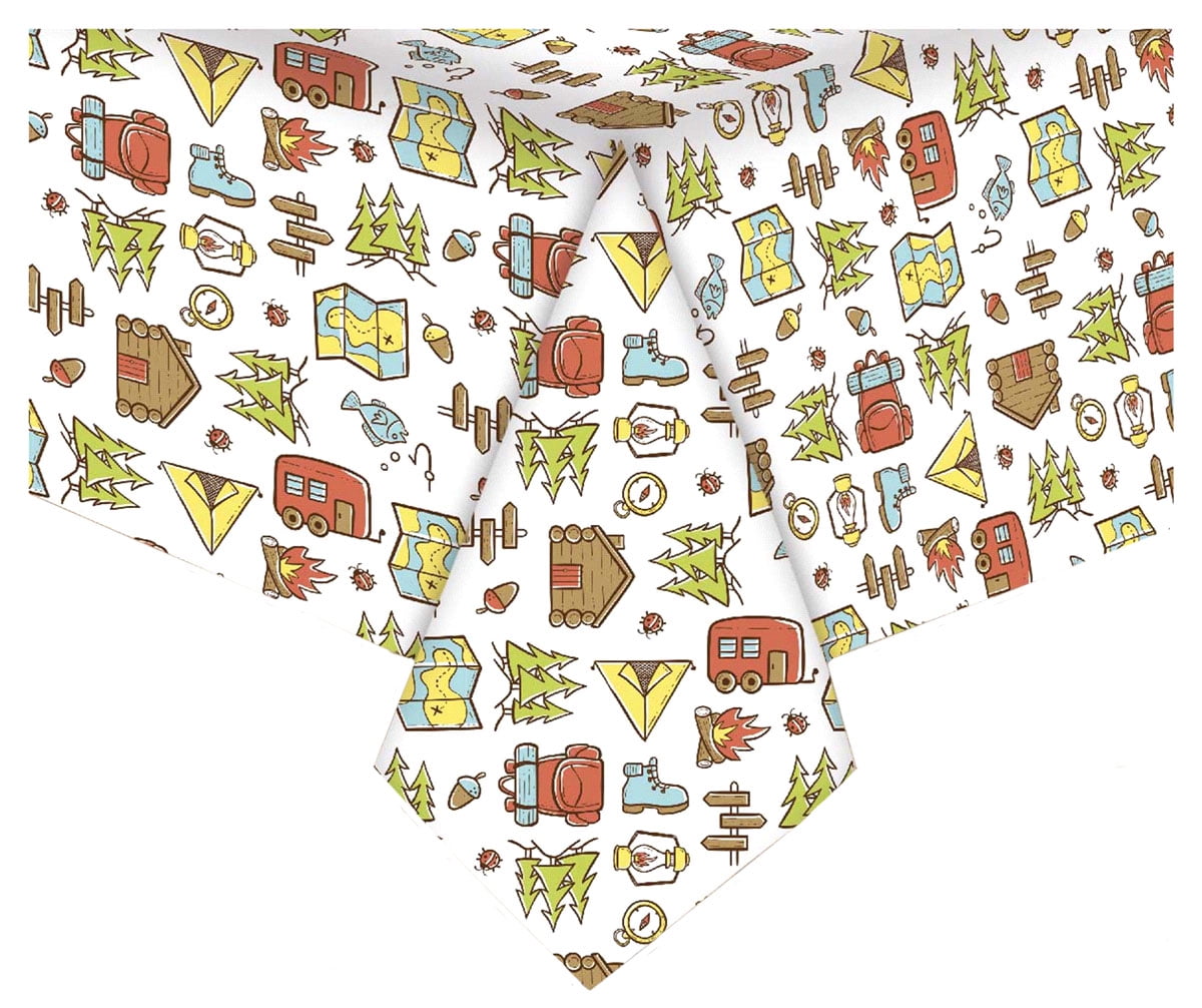 Lets Go Camping Vinyl Tablecloth, Washable & Flannel Backed, 60" Round