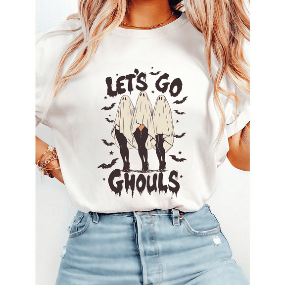 Lets Go Ghouls Print Tshirts Halloween Ghost Graphic Tees Spooky Witches Casual Tops Short Sleeve Fashion Cotton Shirts for Daily Outfits White,XL