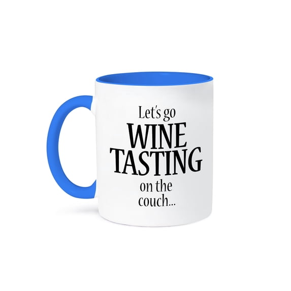 3dRose, Lets go wine tasting on the couch, 15oz Two-Tone Blue Mug