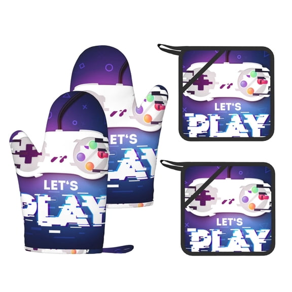 Lets Play Game Controller 4-Piece Silicone Oven Gloves and Pot Holders Set Hot Pads for Kitchen Cooking BBQ Baking Chefs Cooks