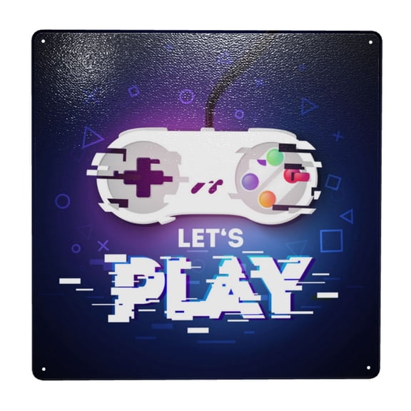 Lets Play Game Controller Square Metal Sign 12x12 Inch Tin Sign Wall Decor Decorative Plaque for Bar, Cafe, Restaurant