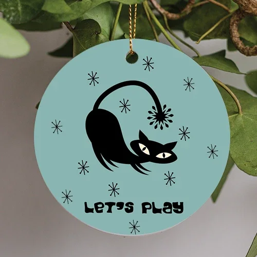 Lets Play Mid Century Cat Modern Atomic Cats Retro Atomic Decor 2D FLAT CIRCLE Ceramic Ornament