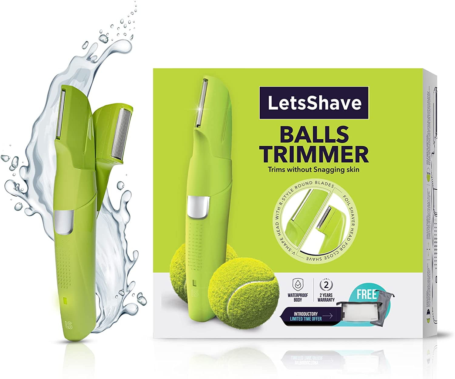 LetsShave Mens Pubic Hair Trimmer | Balls Shaver | V-Shaped Head | Ultra Thin Rounded Blade | Body Hair Trimmer and Shaver | Comes with Attachments | Waterproof | Anti Snagging