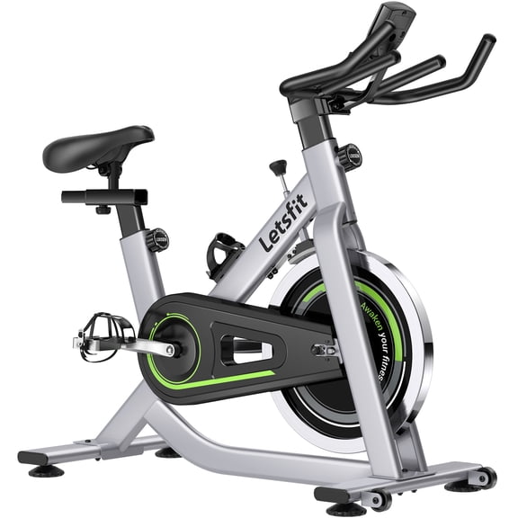 Letsfit AE02 Indoor Exercise Bike, Stationary with Comfortable Seat Cushion, Multi-Adjustable Positions, Tablet Mount & LCD Monitor, Silver