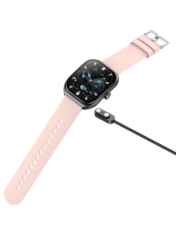 Letsfit smartwatch E46 Display 2 packs : TFT Black Bezel plus Pink band plus bluetooth calling and voice assistant plus2 extra leather bands in black color