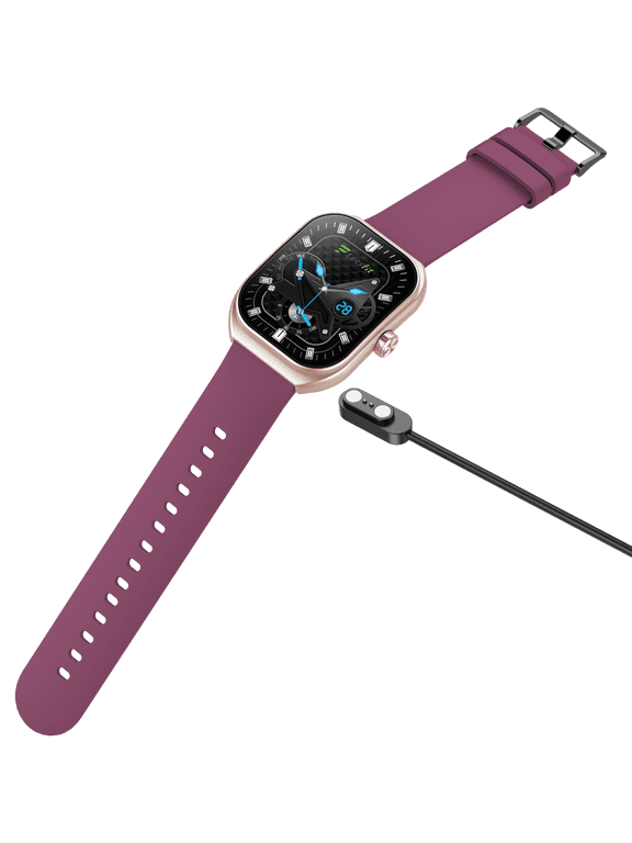 Letsfit smartwatch E46 Display 2 packs : TFT RoseGold Bezel plus Purple band plus bluetooth calling and voice assistant plus2 extra leather bands in black color