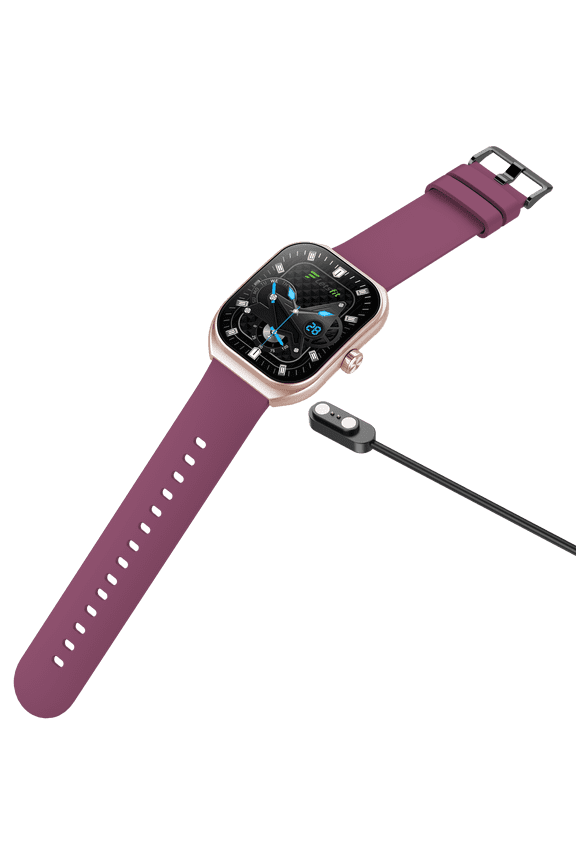 Letsfit smartwatch E46 Display 2 packs : TFT RoseGold Bezel plus Purple band plus bluetooth calling and voice assistant plus2 extra leather bands in black color