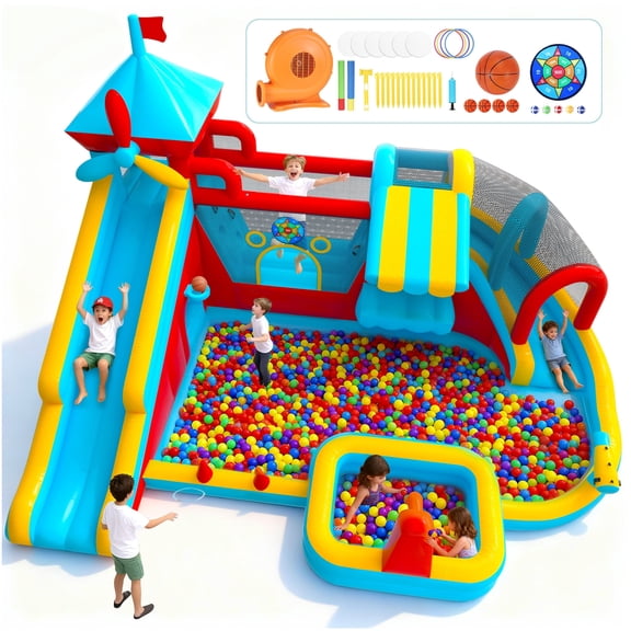 Letsgokid 17.5×13 FT 12 in 1 Inflatable Bounce House for Kids with Double Slide, 750W Blower, Toy Stand, Jumping, Climbing Wall, Water Gun, Splash Pool, Tunnel, Basketball, Indoor, Outdoor, Red