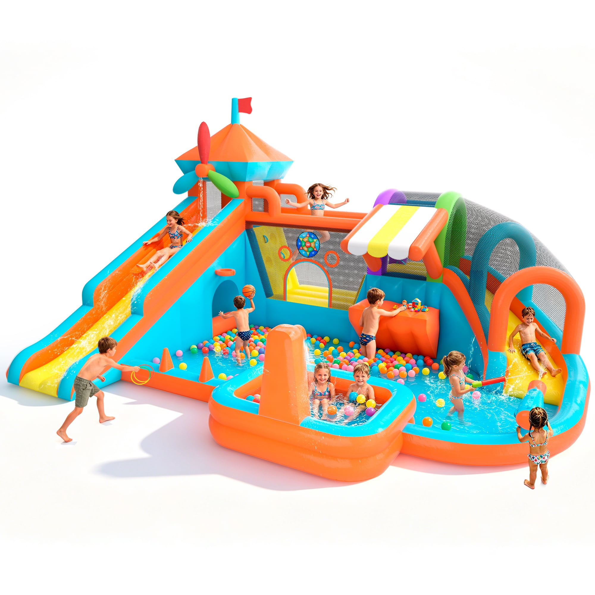 Letsgokid 17.5×13 FT 12 in 1 Water Bounce House for Kids with Double Slide, 750W Blower, Toy Stand, Jumping, Climbing Wall, Water Gun, Splash Pool, Tunnel, Basketball, Indoor, Outdoor, Orange