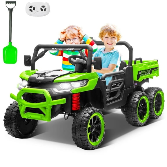 Letsgokid 24V 2 Seater Ride on Dump Truck, 4WD 9-Wheel Ride on Toys for Big Kids with Remote Control, Ride on UTV Car with Electric Dump Bed, Toy Shovel, LED Lights & Music, Suspension Spring