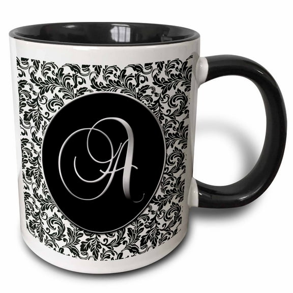 3drose, Letter a - Black and White Damask, 11oz Two-tone Black Mug