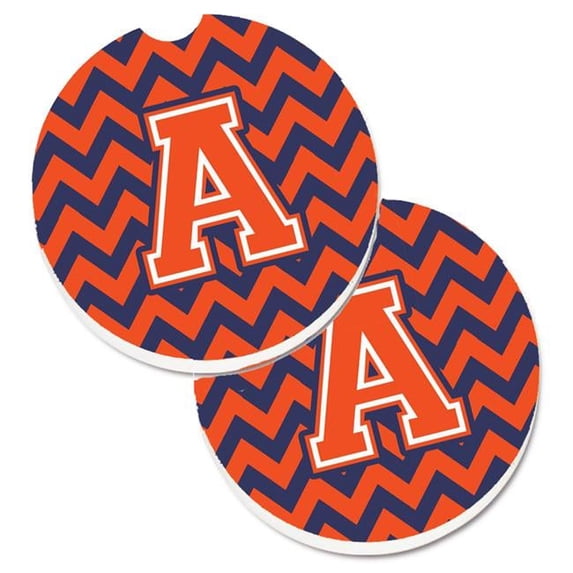 Letter A Chevron Orange & Blue Set of 2 Cup Holder Car Coaster