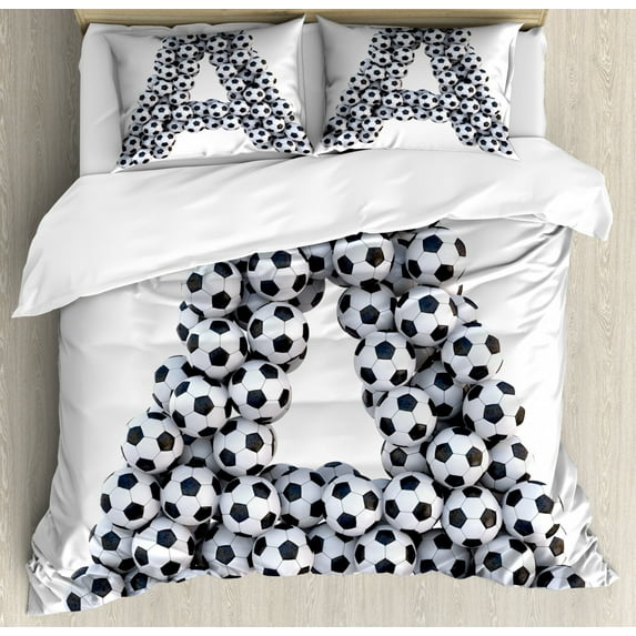 Letter A Duvet Cover Set Queen Size, Realistic Soccer Balls in form of Capital A Sports Play League Competition Theme, Decorative 3 Piece Bedding Set with 2 Pillow Shams, Black White, by Ambesonne