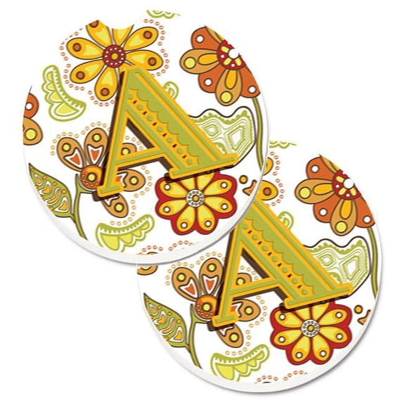Letter A Floral Mustard & Green Set of 2 Cup Holder Car Coaster