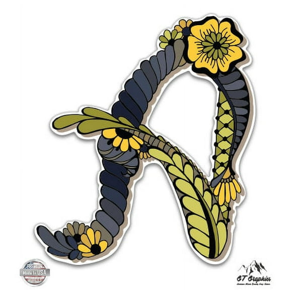 Letter A Floral Style - 3" Vinyl Sticker - For Car Laptop I-Pad Phone Helmet Hard Hat - Waterproof Decal