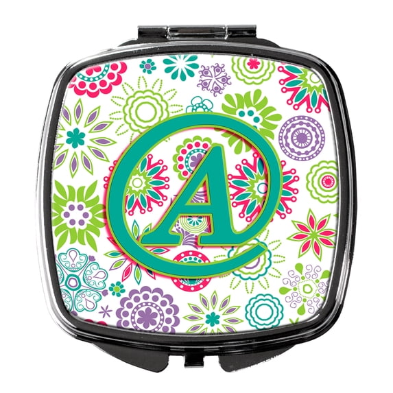 Letter A Flowers Pink Teal Green Initial Compact Mirror CJ2011-ASCM