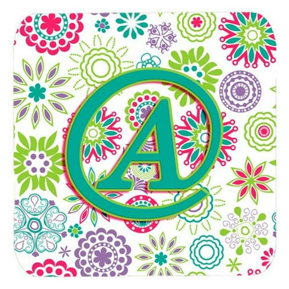 Letter A Flowers Pink Teal Green Initial Foam Coasters, Set Of 4