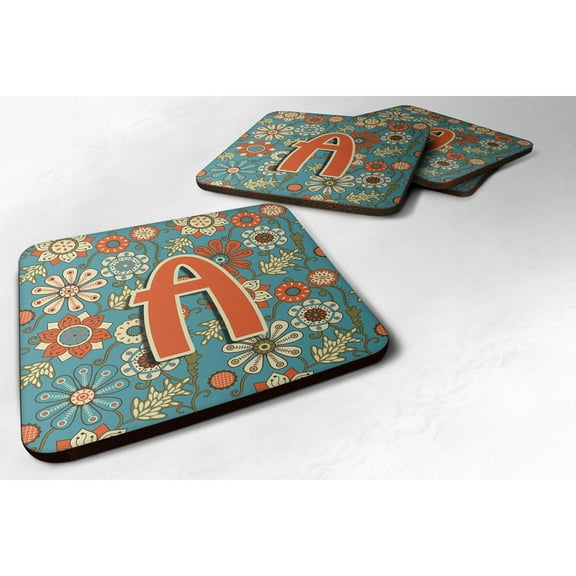 Letter A Flowers Retro Blue Foam Coaster Set of 4